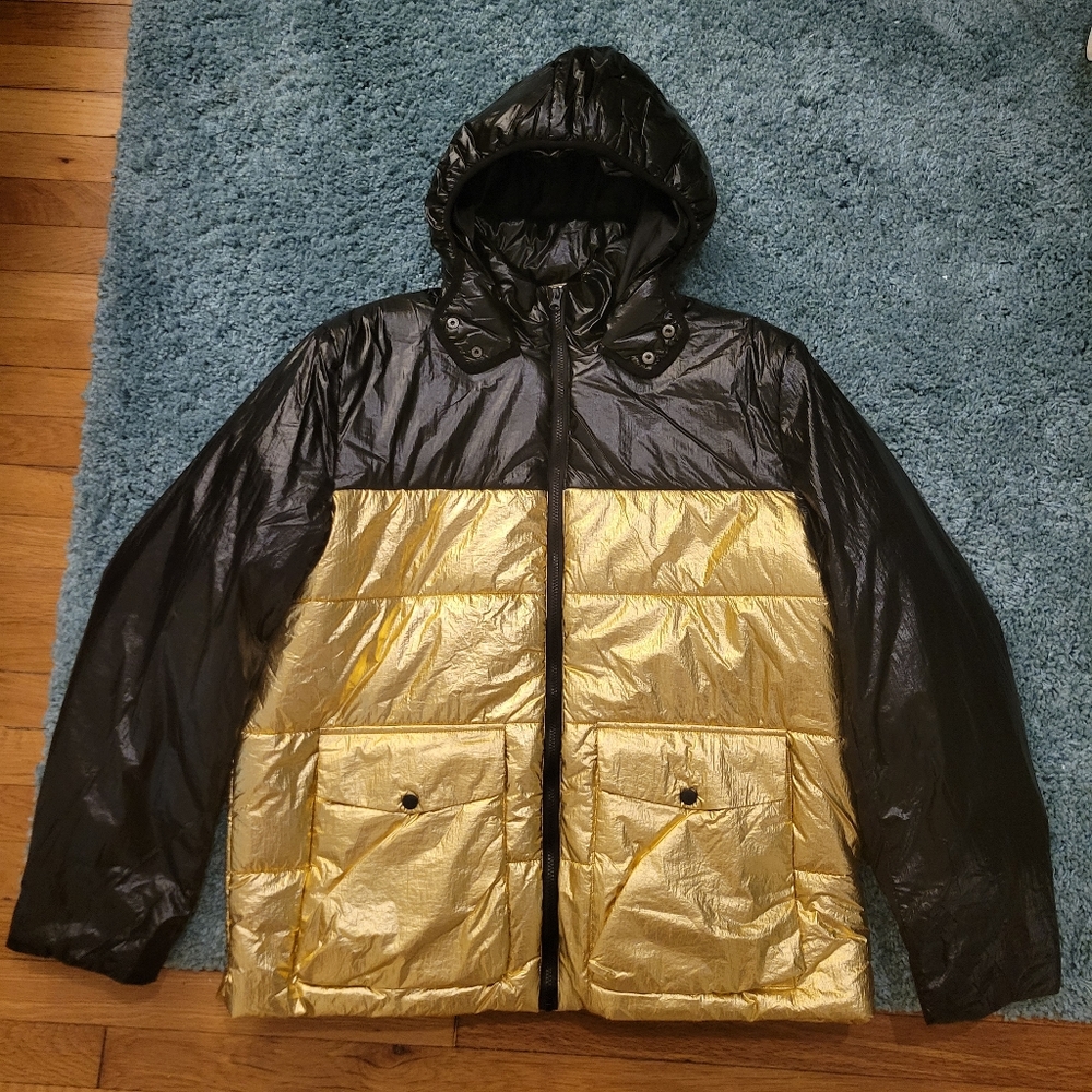 Fashion Nova Men Metallic Puffer Jacket Black & Gold Size X-Large